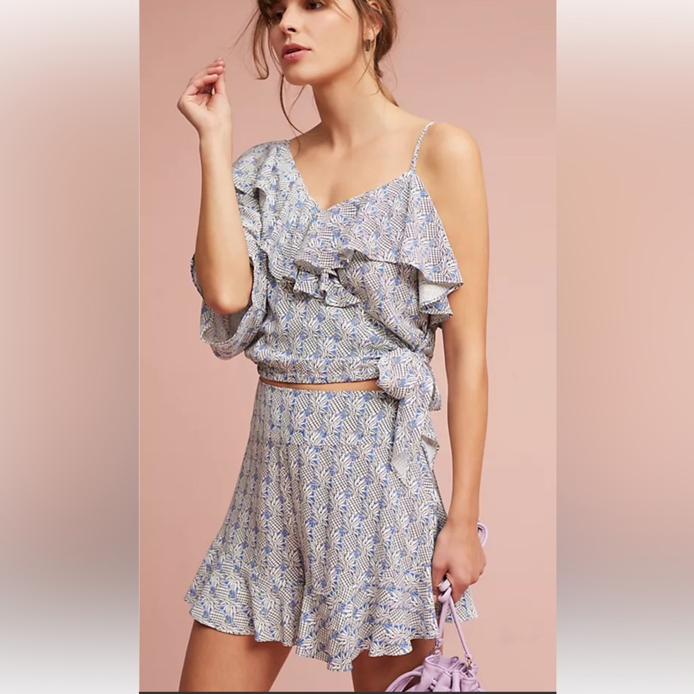 Maeve Anthropology Blue and White One-Shoulder Ruffled Crop Top and Skirt Set